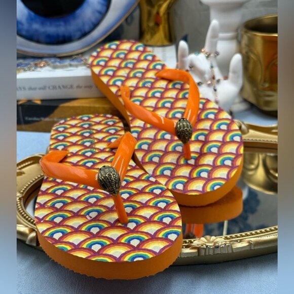 🆕 KURT GEIGER LONDON 🧿 NWOB Kensington Rainbow Flip Flops, Orange - Sz 37 US 7 - Picture 7 of 11